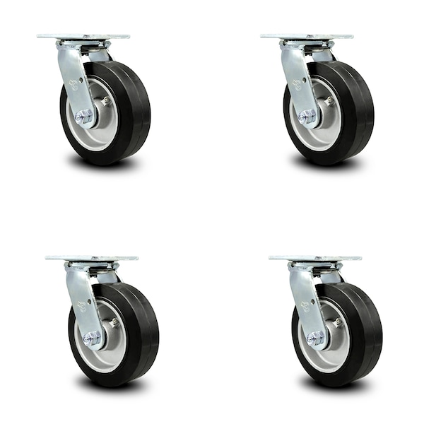 6 Inch Rubber on Aluminum Caster Set with Ball Bearing and Swivel Lock SCC